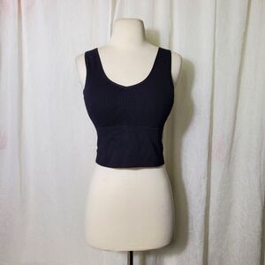 Crop Tank Top Sleeveless V-Cut Fitted Inserts Black Ribbed Stretch Women Top M